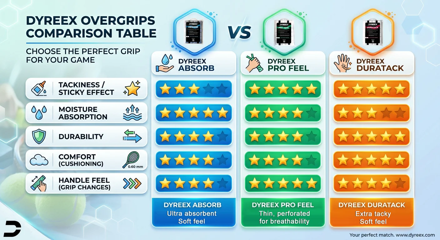 Tabella comparativa degli overgrip Dyreex - Quale overgrip fa per me