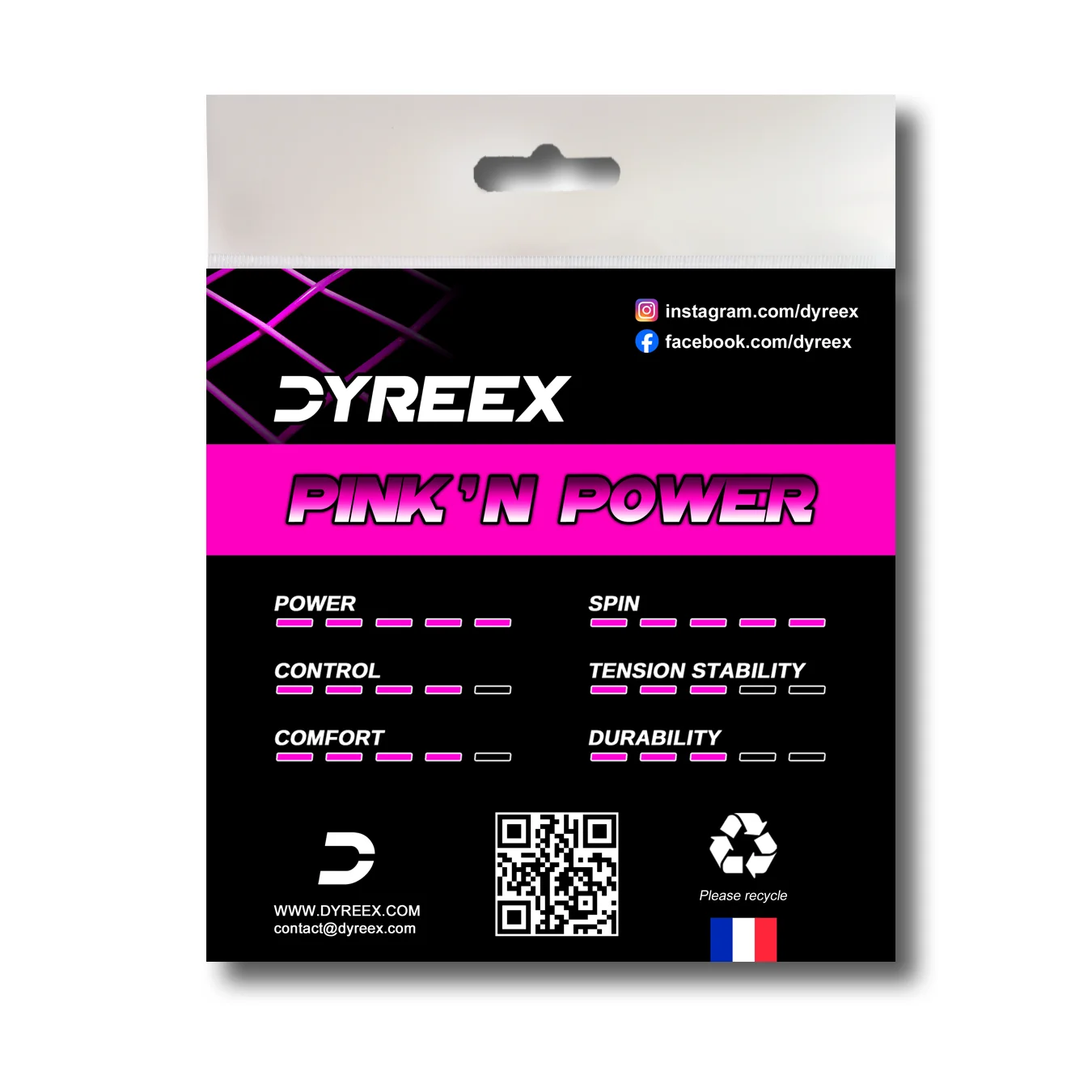 Dyreex tennis string Pink'n Power 12 m. /1.22 mm. String that provided a very high level of comfort for a monofilament and this was achieved thanks to the very high elasticity of the string.